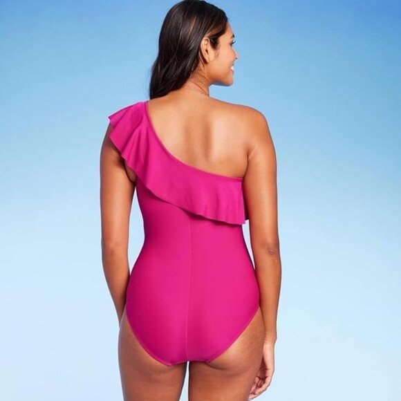 KONA SOL Women's Ruffle One Shoulder Full Coverage One Piece Swimsuit Pink L - Picture 10 of 10
